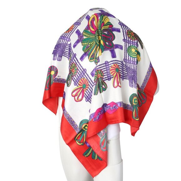 Vintage SKS Ribbon Print Satin Scarf Neck Hair Scarf 1980 Red Blue White Yellow - Picture 7 of 7